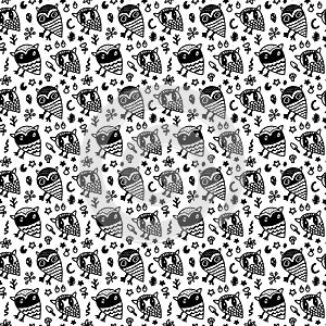 Owl nocturnal animals snakes hand drawn seamless pattern in cartoon comic style black white