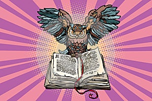 Owl on an old book, a symbol of wisdom and knowledge