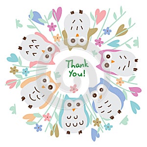 Owl pastel around circle thank you card