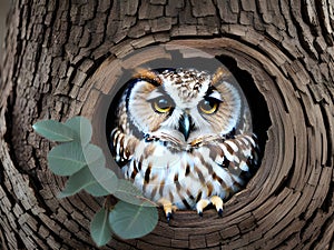 Owl peeping from a tree, Ai Generated