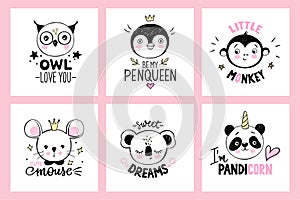 Owl, penguin queen, monkey princess, mouse, panda unicorn, koala faces in sketch style. Doodle animals. Funny quotes