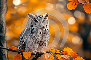 An owl perched on a branch in the fall