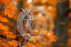 An owl perched on a branch in the fall