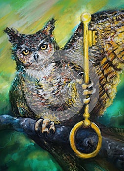 Owl perched on branch holding key