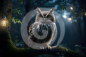 Owl perched on branch of tree. Fantasy owl in fantasy forest.