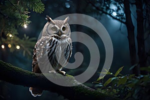 Owl perched on branch of tree. Fantasy owl in fantasy forest.