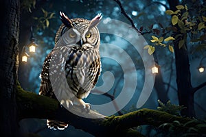 Owl perched on branch of tree. Fantasy owl in fantasy forest.