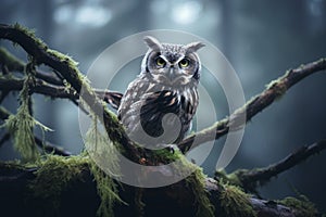 owl perched on moss tree branch in the forest, mist forest, ai generated