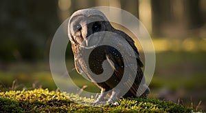 Mysterious Dark Owl on Mossy Forest Floor