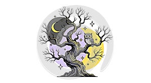 owl perched on a tree at night illustration