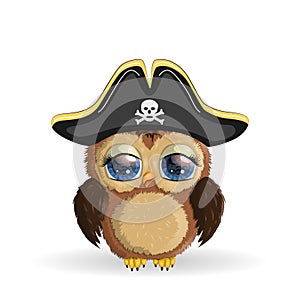 Owl pirate, cartoon character of the game, a bird in a bandana and a cocked hat with a skull, with an eye patch