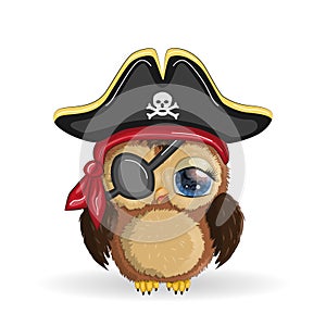Owl pirate, cartoon character of the game, a bird in a bandana and a cocked hat with a skull, with an eye patch