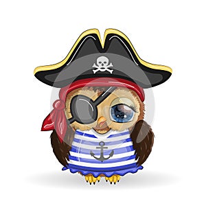 Owl pirate, cartoon character of the game, a bird in a bandana and a cocked hat with a skull, with an eye patch