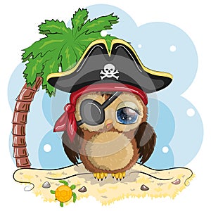 Owl pirate, cartoon character of the game, a bird in a bandana and a cocked hat with a skull, with an eye patch