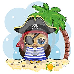 Owl pirate, cartoon character of the game, a bird in a bandana and a cocked hat with a skull, with an eye patch