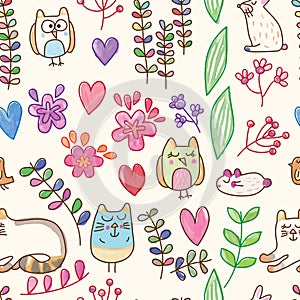 Owl plant style seamless watercolor combine seamless pattern