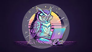 Owl Programmer Cartoon Owl Coding on Laptop, Retro Style