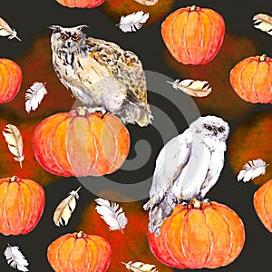 Owl on pumpkin. Halloween repeating pattern. Vintage watercolor