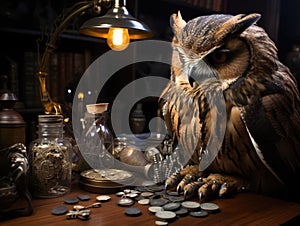 Owl with quill and ink pot