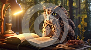 Owl reading book at home at night.