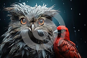 An owl with ruffled feathers and a small red bird on a dark background, AI generation