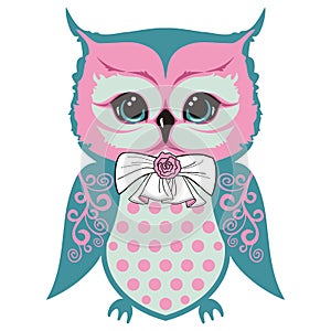 Owl`s cub is a small beautiful bird with a bow and a rose, wings with lace patterns.