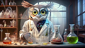 An owl scientist conducting experiments with potions and magical ingredients