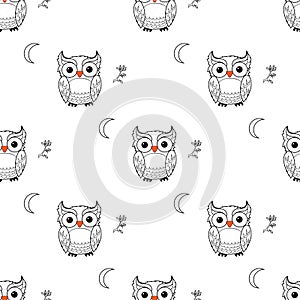 Owl seamless pattern. Black and white graphic vector illustration
