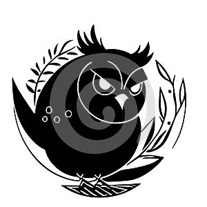 Owl seating among branch and leaves closeup. Also good for tattoo. Editable vector monochrome image with high details isolated on