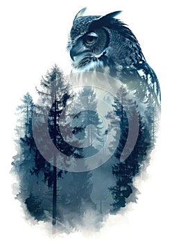An owl silhouette with a double exposure of a moonlit nocturnal forest landscape within on a white background