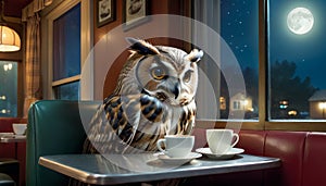 Owl Sipping Coffee in Moonlit Diner