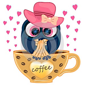 An owl sits on a coffee mug. cartoon vector illustration