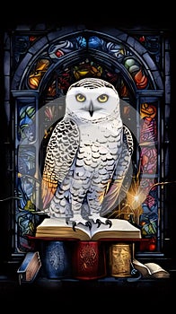 Owl sitting on a book in front of a stained glass window