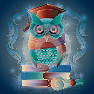 Owl sitting on books. Vector illustration decorative design