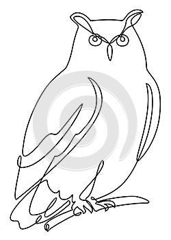 The owl is sitting on a branch. Bird in modern one line style. Solid line, outline for decor, posters, stickers, logo. Vector illu