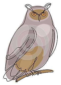 The owl is sitting on a branch. Bird in modern one line style. Solid line, outline for decor, posters, stickers, logo. Vector illu