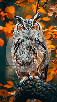 An owl sitting on a branch in the fall