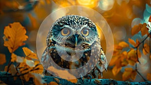 An owl sitting on a branch in the fall