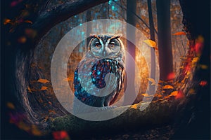 an owl sitting on a branch in a forest with leaves around it and a bright light shining on the tree trunk behind it, with a blue