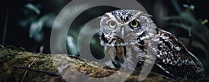 an owl is sitting on a mossy branch in the dark forest, looking at the camera with a serious look on its face and eyes