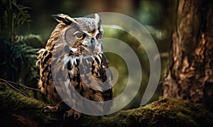 an owl is sitting on a mossy branch in a forest with trees in the background and a blurry image of the owl\'s eyes
