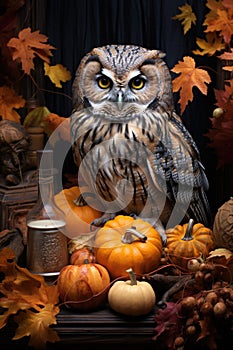 An owl sitting on top of a pile of pumpkins, AI