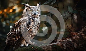 an owl sitting on a tree branch in a forest looking at the camera with an intense look on its face and yellow - colored eyes