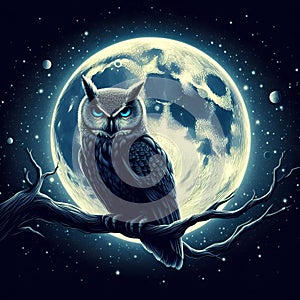 An owl sitting on a tree branch, infront of a full moon, nite-owl, moonlight fish eye illustrator, glowing, realistic fantasy photo