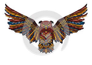 Owl with spread wings holding a skull in his paws. Colorful illustration, sketch of a tattoo. It can be used to design clothes, T-