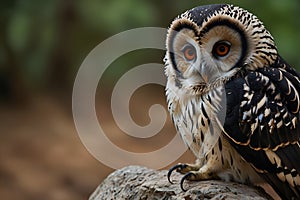 a owl is standing in a forest with a blurry background Night\'s Alliance The Silent Vigil of Owl