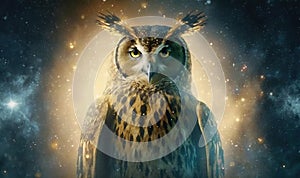 an owl is standing in the middle of a night sky