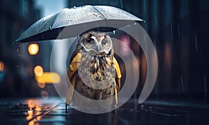 an owl is standing in the rain with an umbrella over its head and it\'s eyes open and it\'s eyes are closed