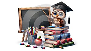 Owl Standing on Top of a Pile of Books in front of a blackboard with a white background