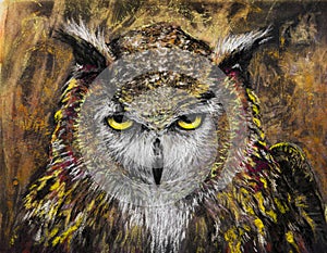 Owl staring intently charcoal drawing